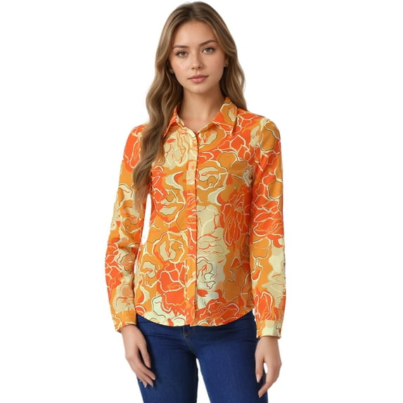 DARING DIVA Women's Long Sleeve Button-Down Ditsy Floral Shirt Top XS Orange Yellow