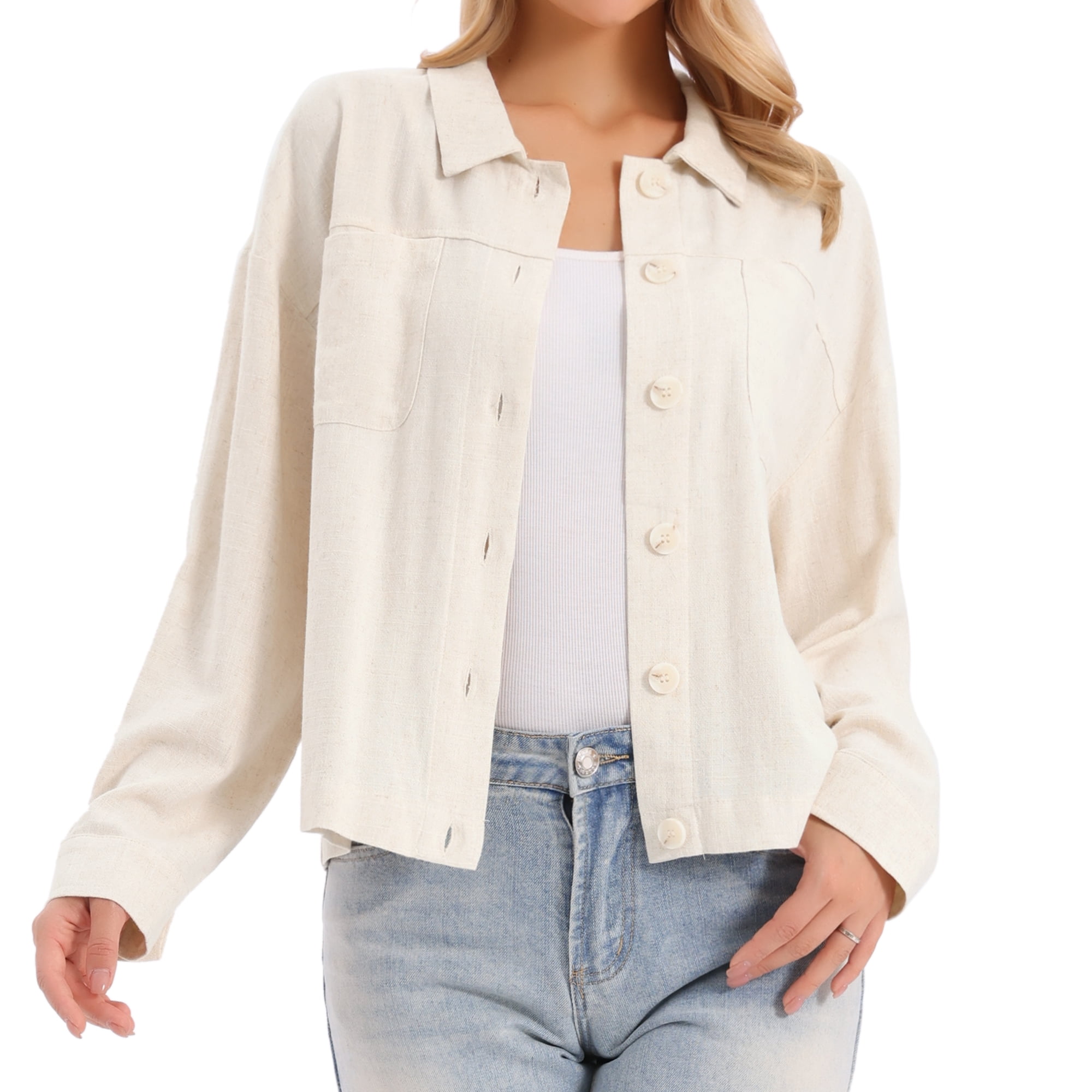DARING DIVA Women's Long Sleeve Button Down Lapel Jacket With Pockets XS Beige
