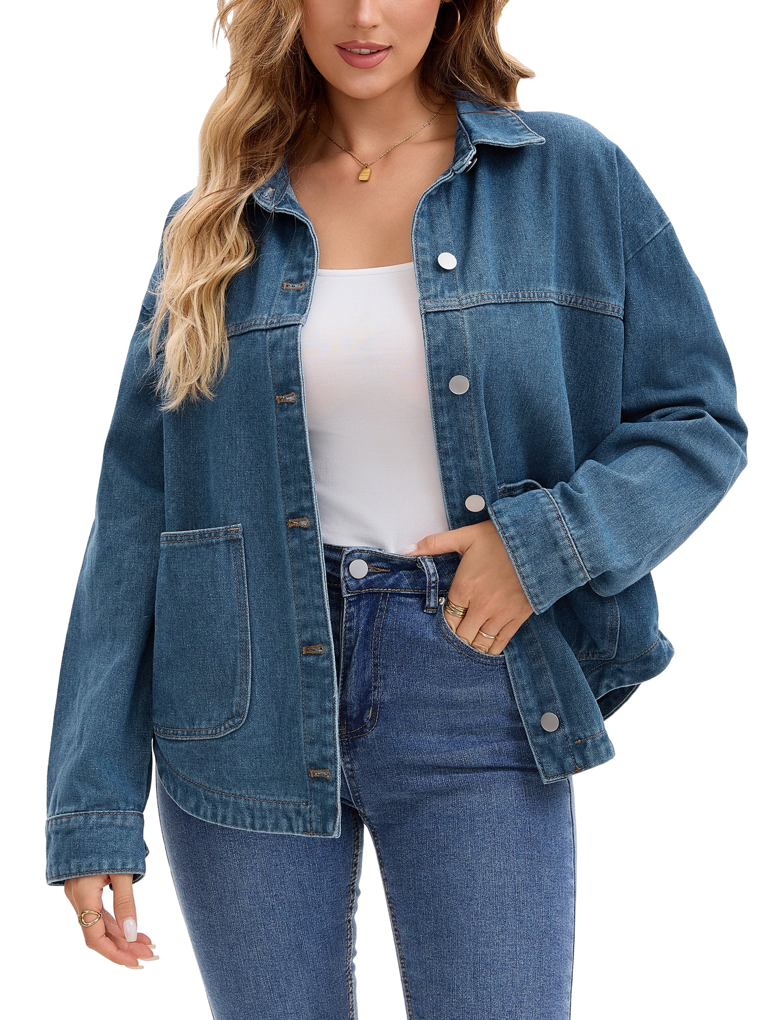 DARING DIVA Women's Long Sleeve Button Down Pockets Western Denim Jacket M Dark Blue