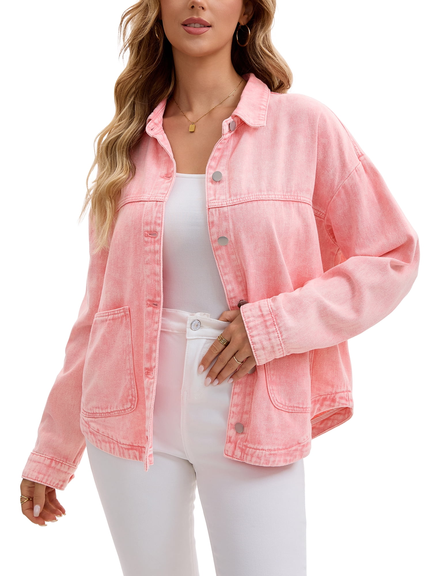 DARING DIVA Women's Long Sleeve Button Down Pockets Western Denim Jacket M Pink