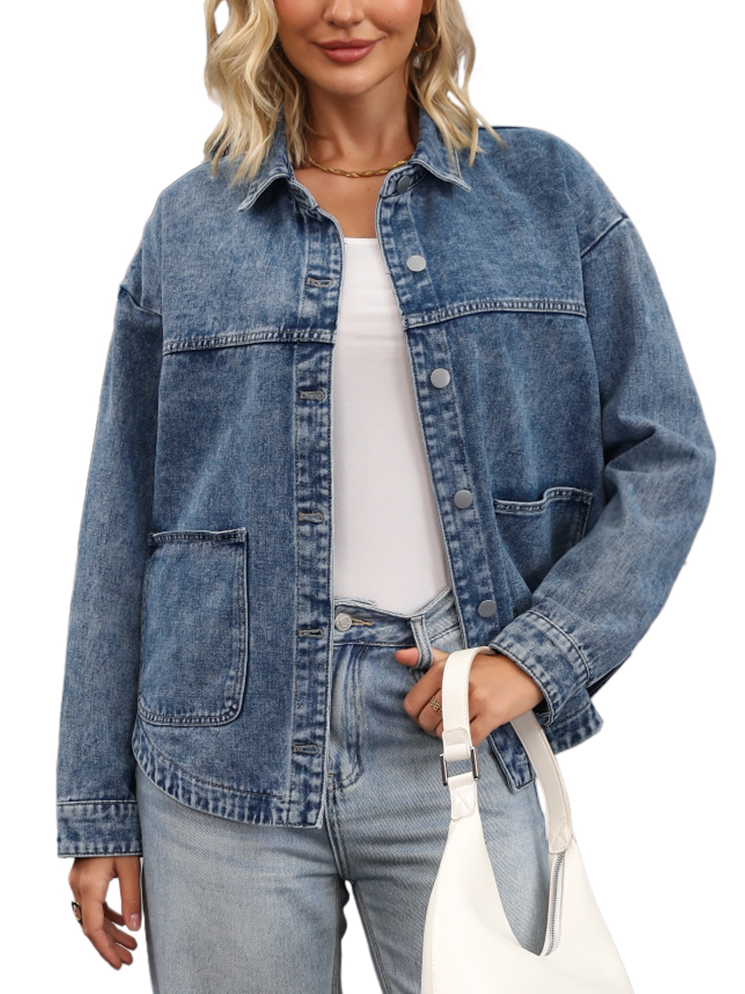 DARING DIVA Women's Long Sleeve Button Down Pockets Western Denim Jacket XL Gray Blue