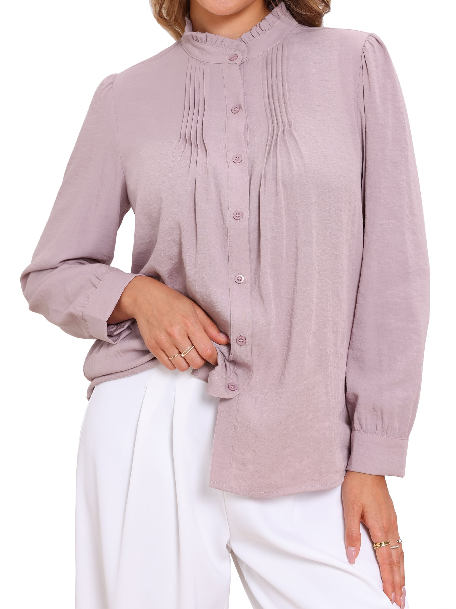 DARING DIVA Women's Long Sleeve Button Down Ruffled Collar Pleated Trim Top XS Grey Pink
