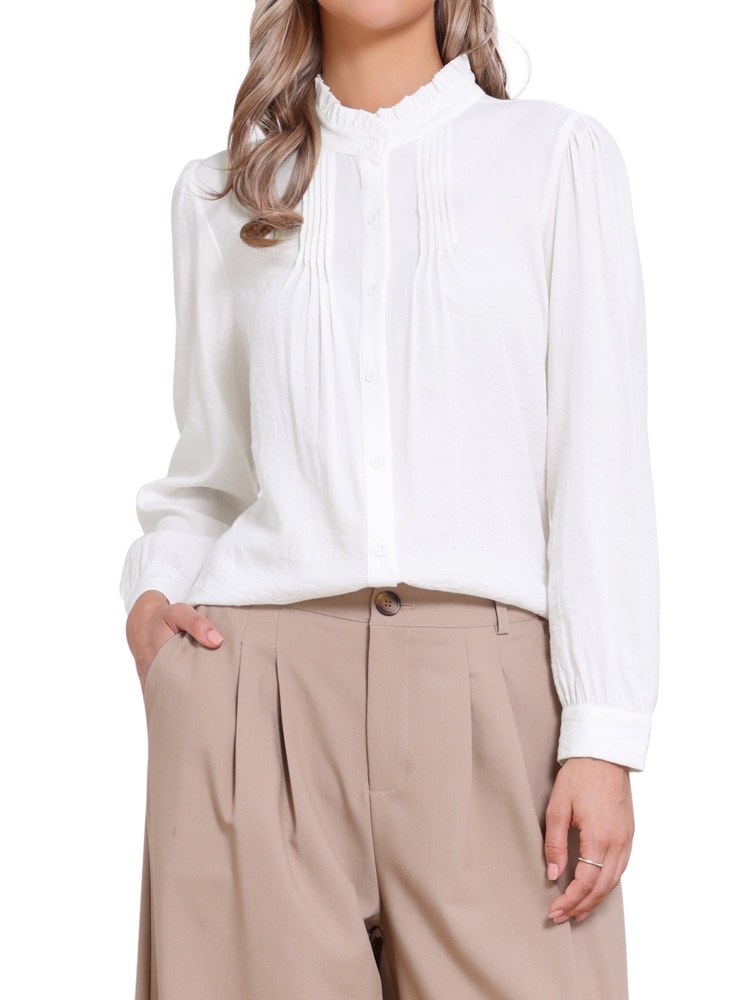 DARING DIVA Women's Long Sleeve Button Down Ruffled Collar Pleated Trim Top XS White