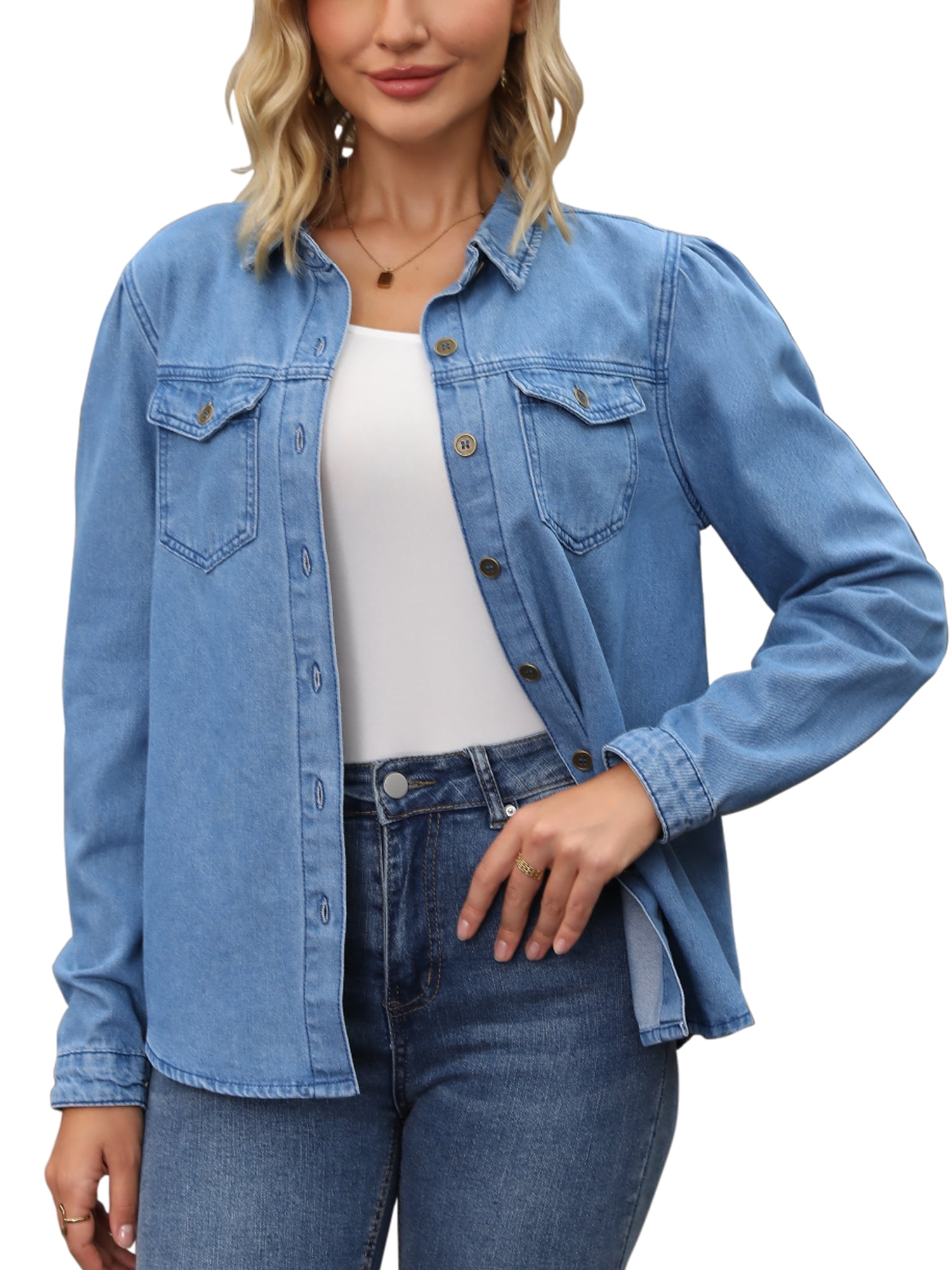 DARING DIVA Women's Long Sleeve Button Down Shirts Jackets with Pocket L Blue