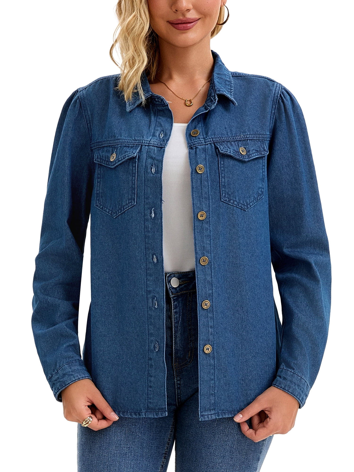 DARING DIVA Women's Long Sleeve Button Down Shirts Jackets with Pocket L Dark Blue
