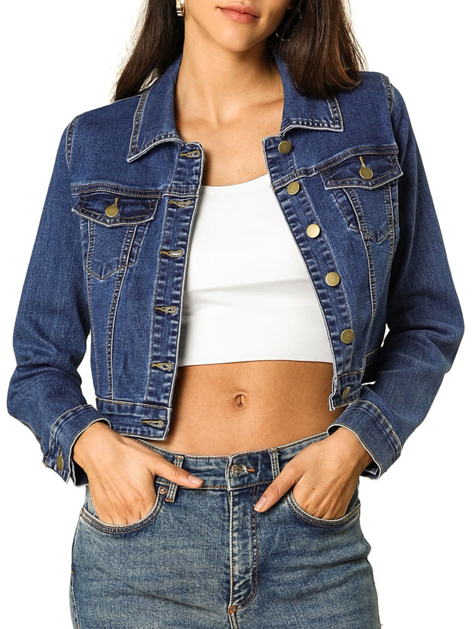DARING DIVA Women's Long Sleeve Button Down Trucker Jean Denim Jacket S Dark Blue