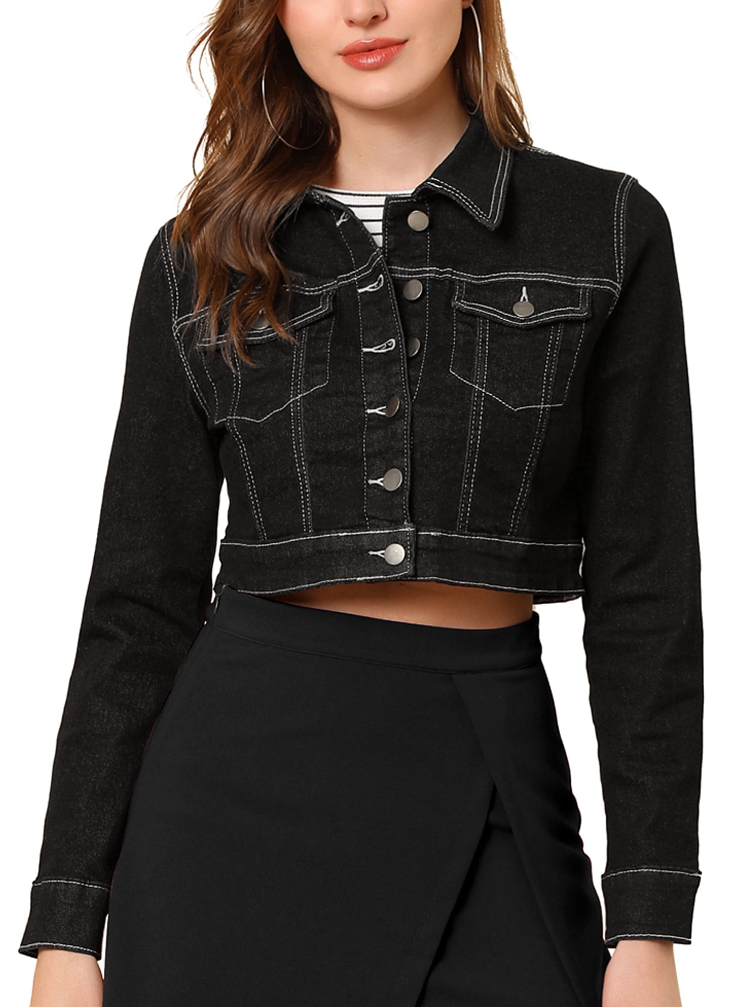 DARING DIVA Women's Long Sleeve Button Down Trucker Jean Denim Jacket XS Black