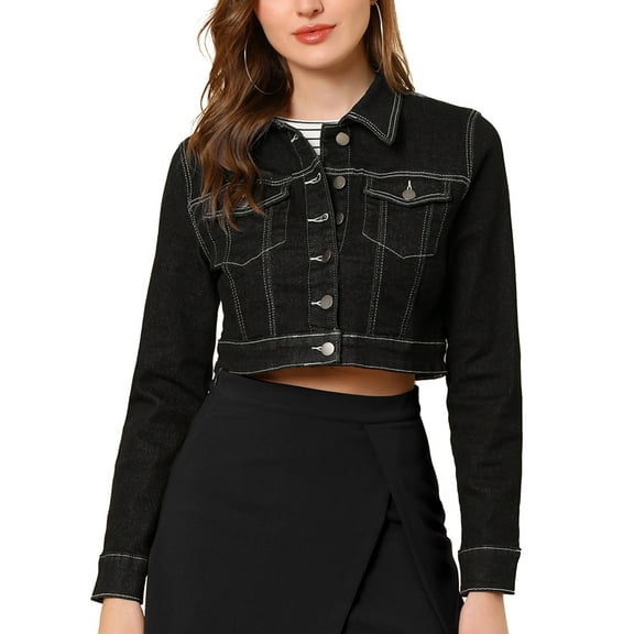 DARING DIVA Women's Long Sleeve Button Down Trucker Jean Denim Jacket XS Black