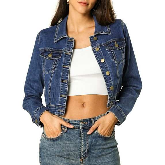 DARING DIVA Women's Long Sleeve Button Down Trucker Jean Denim Jacket XS Dark Blue