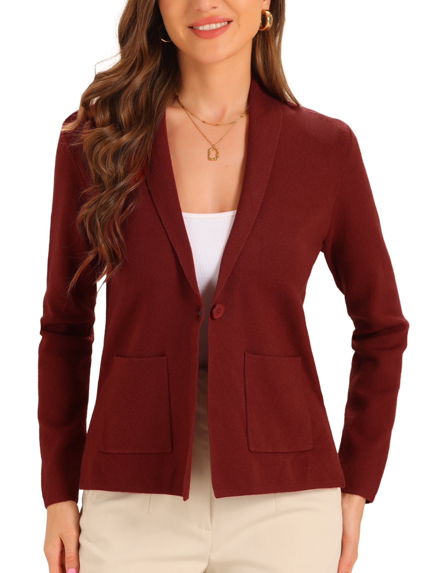 DARING DIVA Women's Long Sleeve Button Open Front Knit Cardigans with Pockets M Red