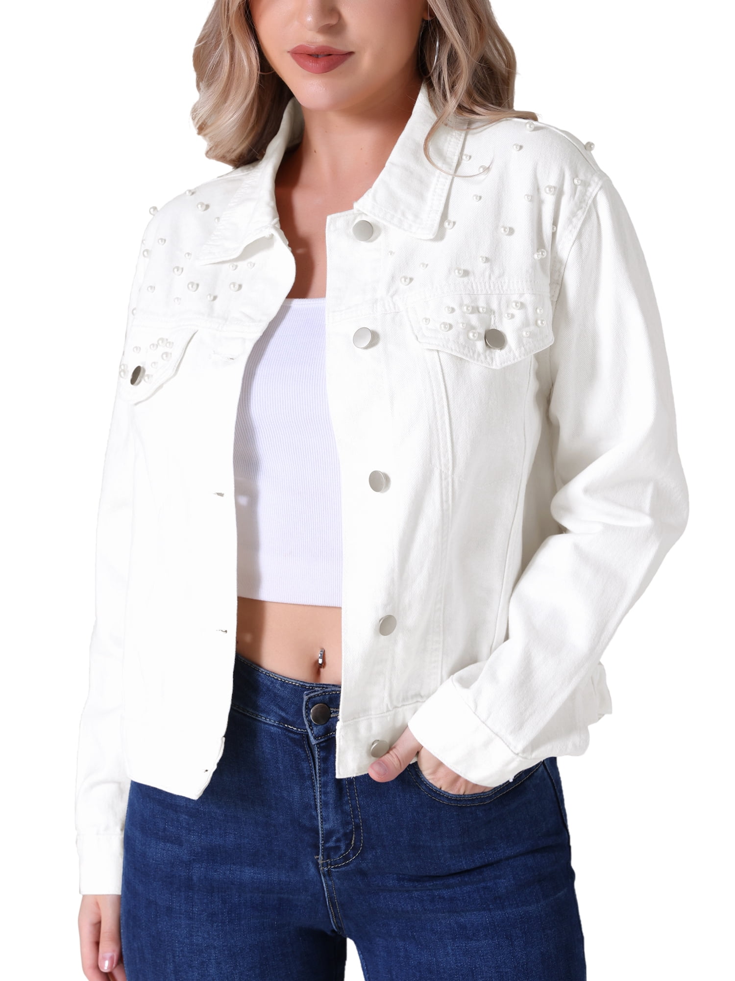 DARING DIVA Women's Long Sleeve Button Up Denim Jackets L White