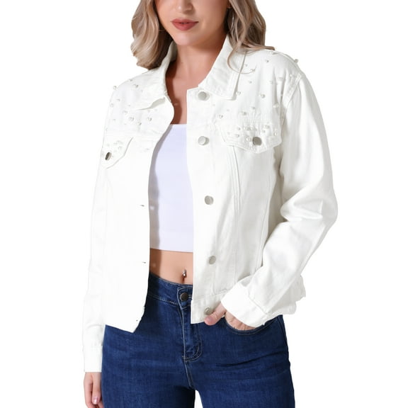 DARING DIVA Women's Long Sleeve Button Up Denim Jackets L White