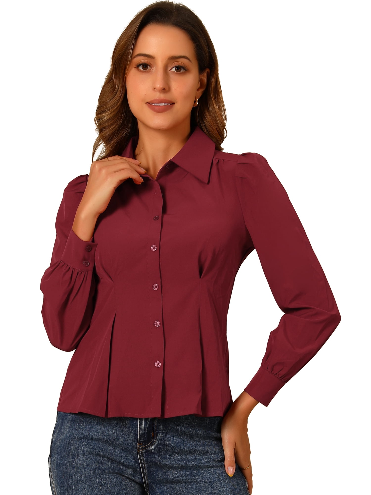 DARING DIVA Women's Long Sleeve Button-Up Office Ruffle Blouses L Burgundy