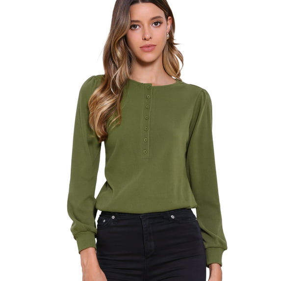 DARING DIVA Women's Long Sleeve Casual Crew Neck Blouse M Green
