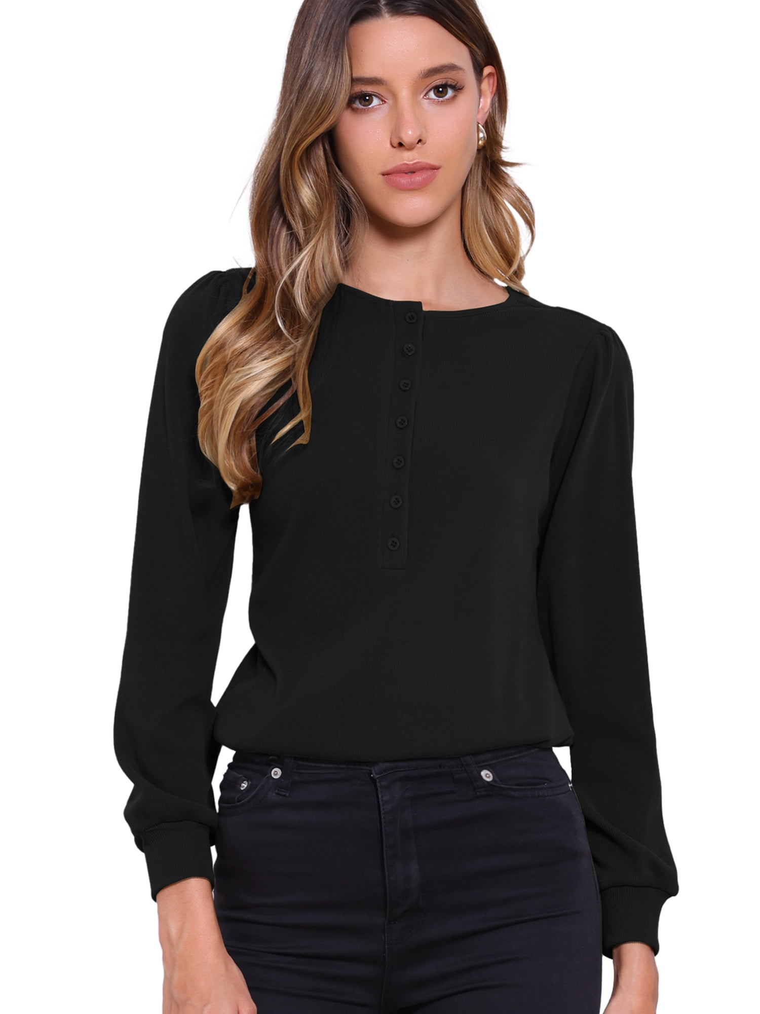 DARING DIVA Women's Long Sleeve Henley Crew Neck Tops Shirt Blouses S Black