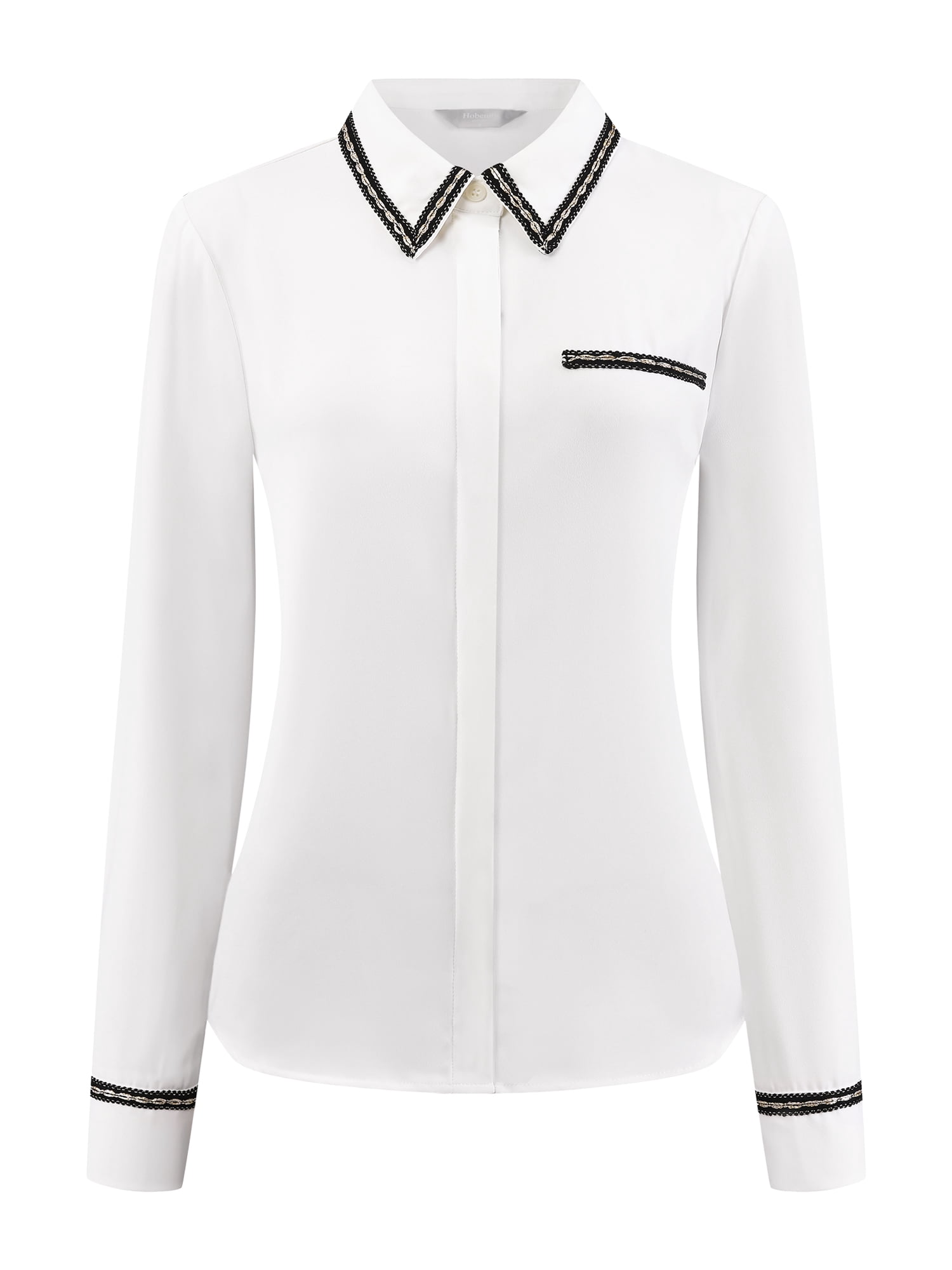 DARING DIVA Women's Long Sleeve Collared Button Down Tweed Office Shirt S White