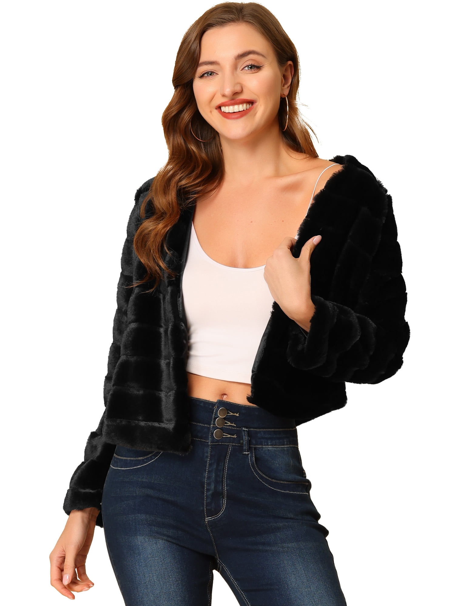 DARING DIVA Women's Long Sleeve Collarless Shaggy Soft Faux Fur Coat L Black