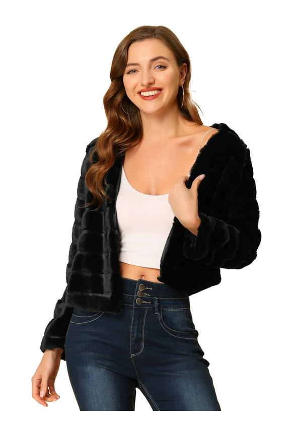 Women's Long Sleeve Collarless Shaggy Soft Faux Fur Coat M Black