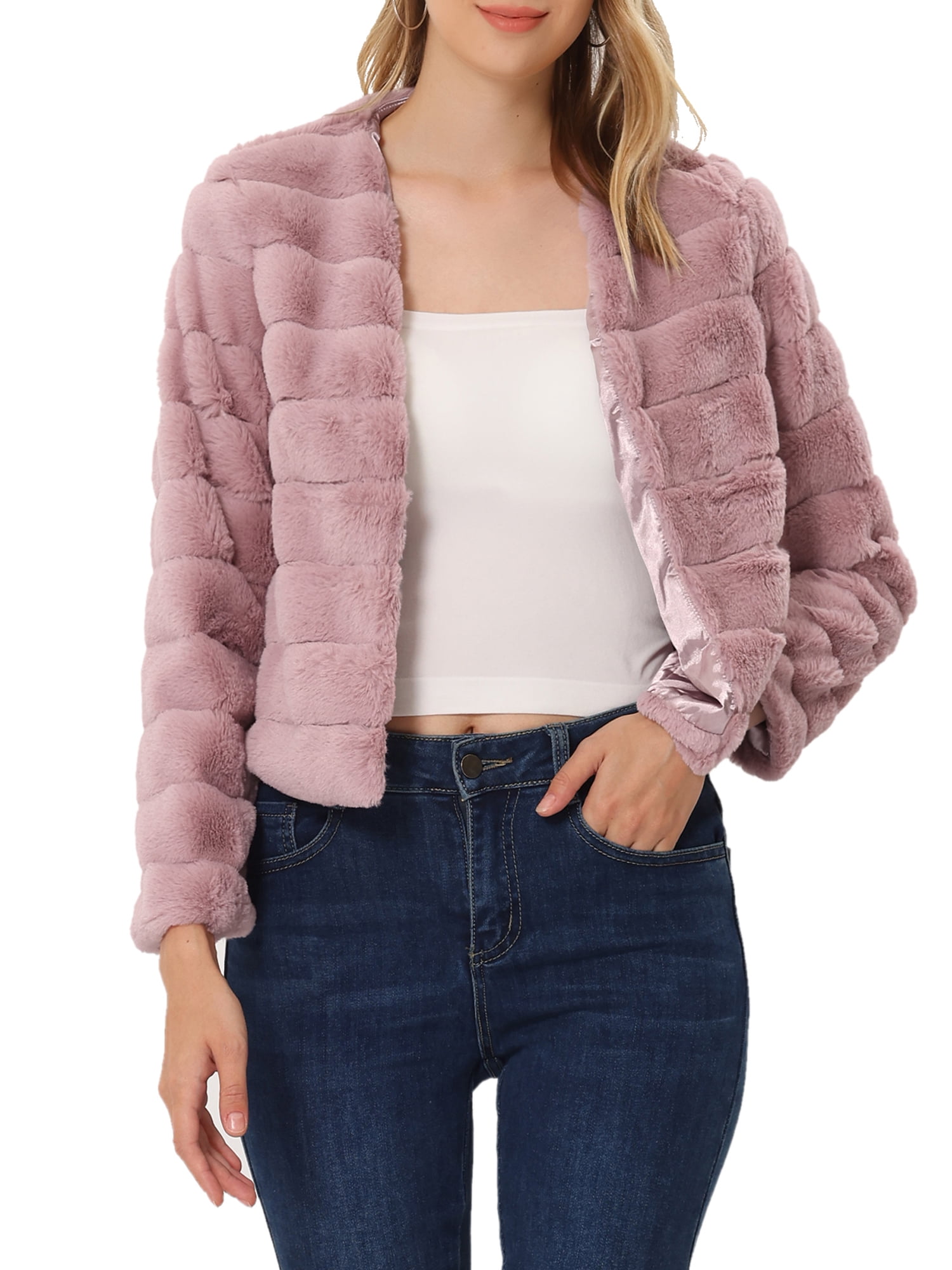 DARING DIVA Women's Long Sleeve Collarless Shaggy Soft Faux Fur