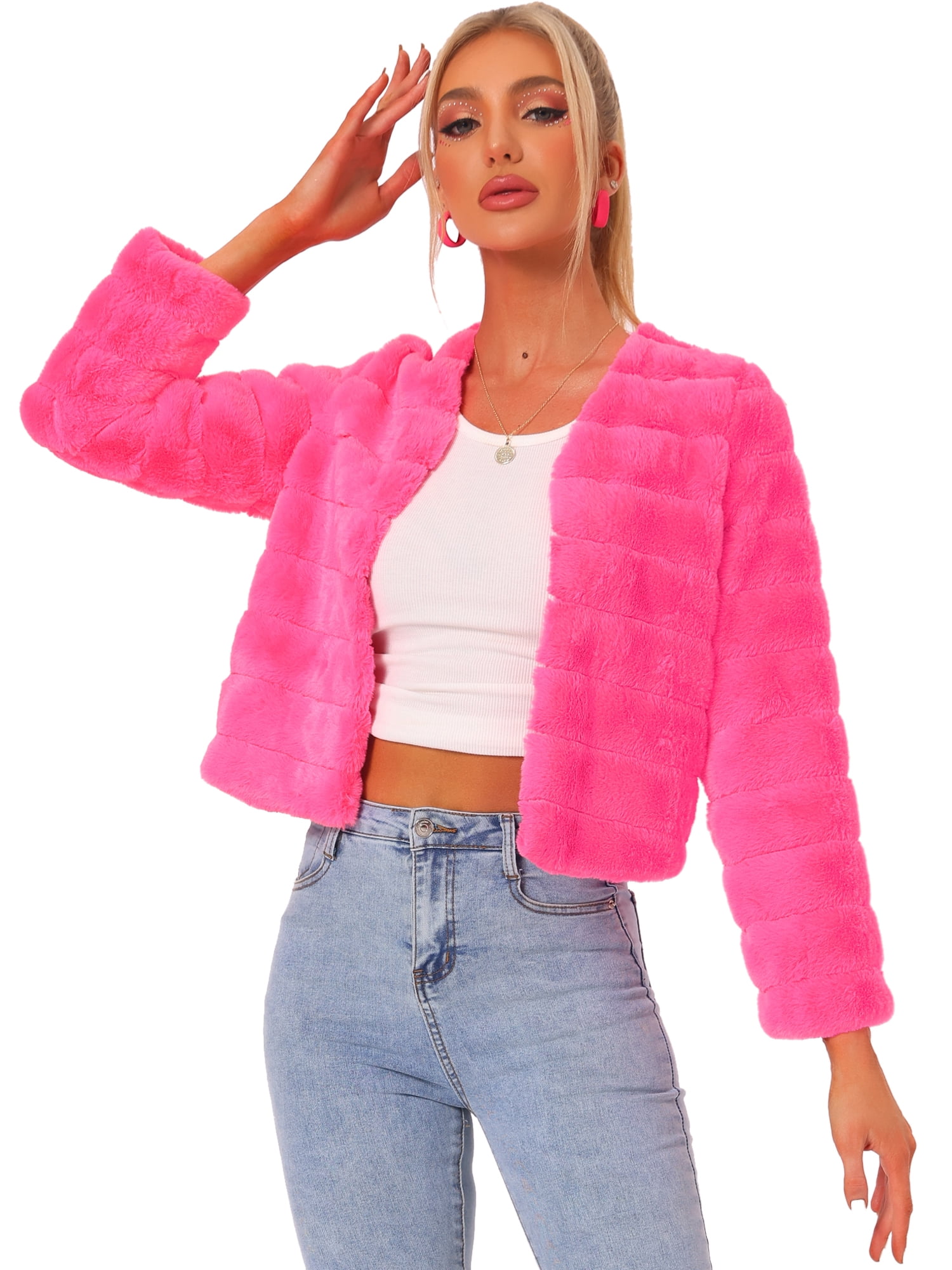 DARING DIVA Women's Long Sleeve Collarless Shaggy Soft Faux Fur Coat M Hot Pink