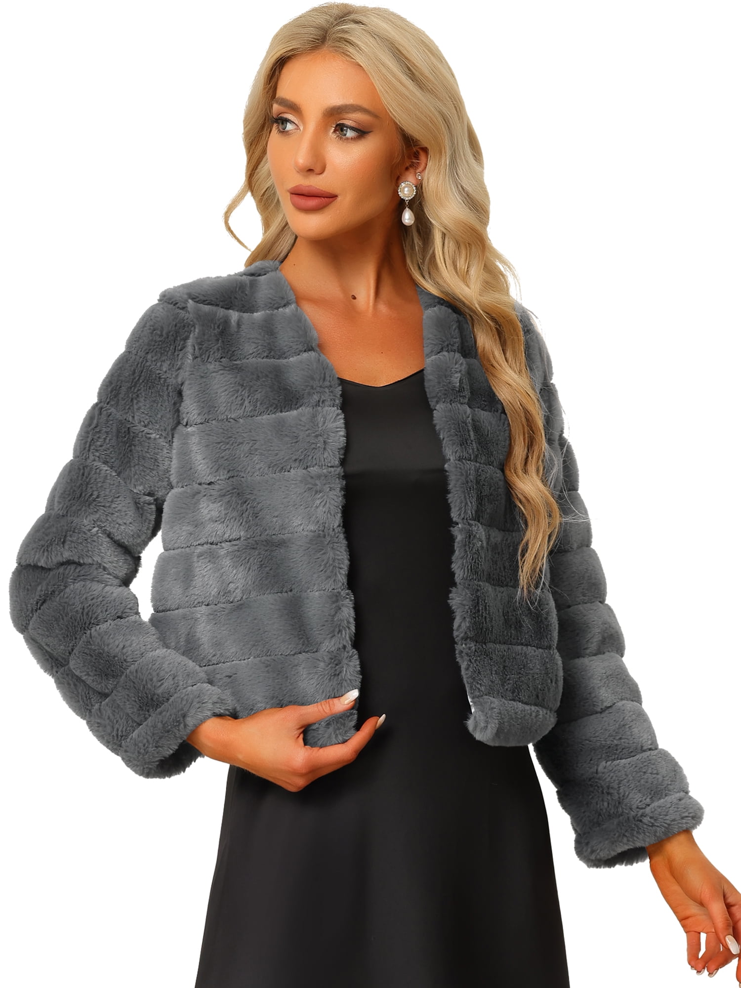 DARING DIVA Women's Long Sleeve Collarless Shaggy Soft Faux Fur Coat S Gray