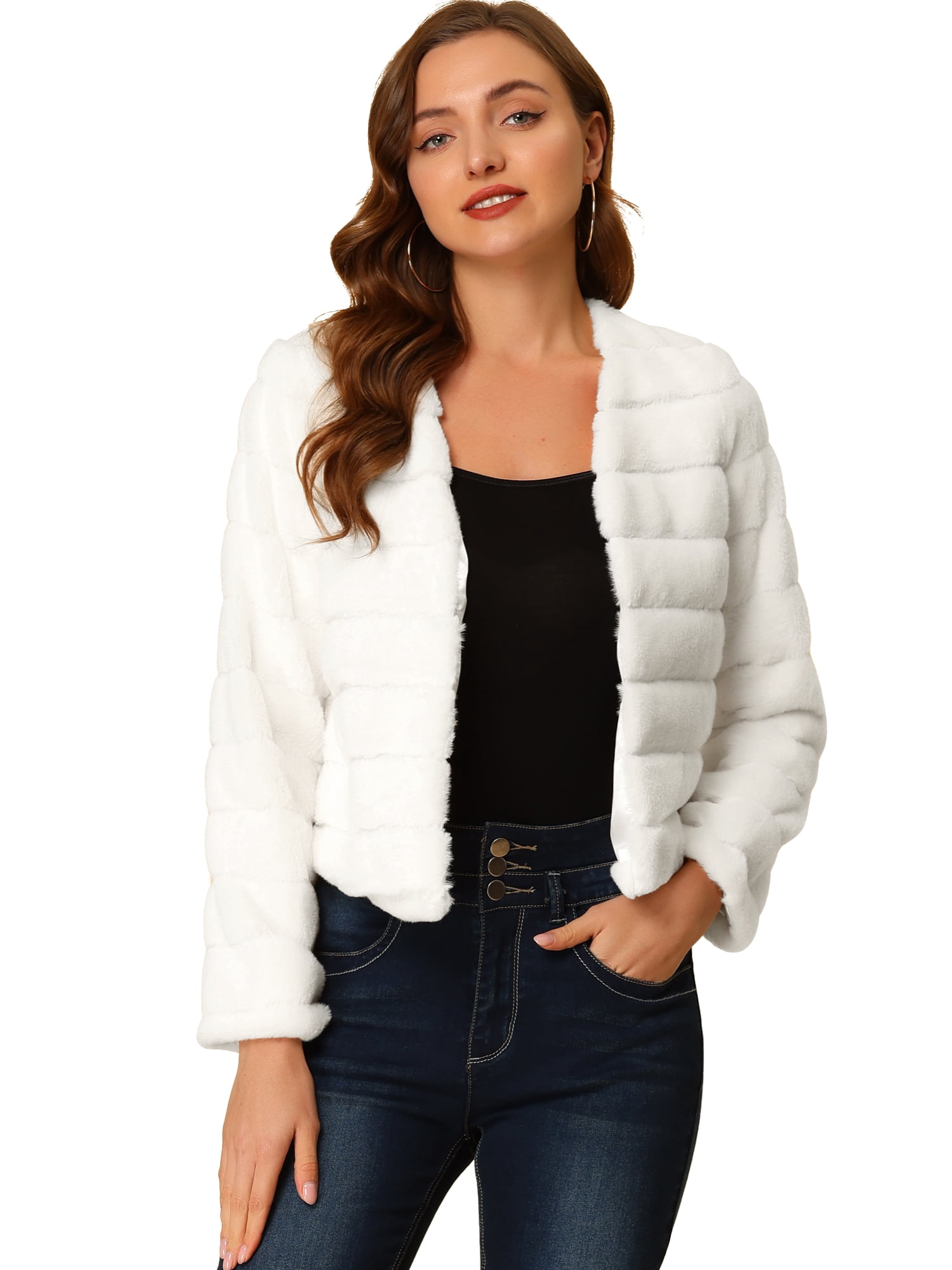 DARING DIVA Women's Long Sleeve Collarless Shaggy Soft Faux Fur Coat S White