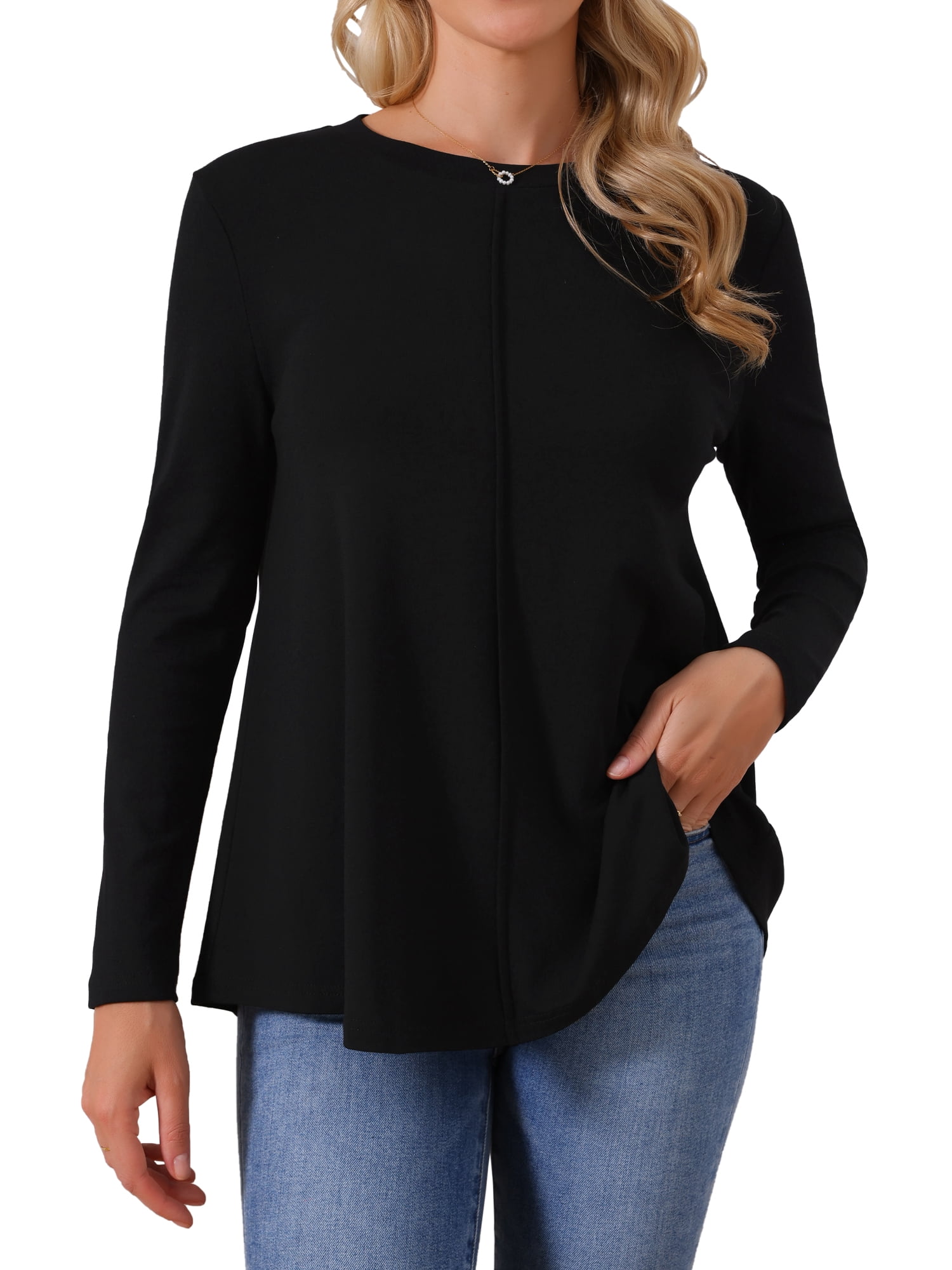 DARING DIVA Women's Long Sleeve Crewneck Babydoll Tunic Top L Black
