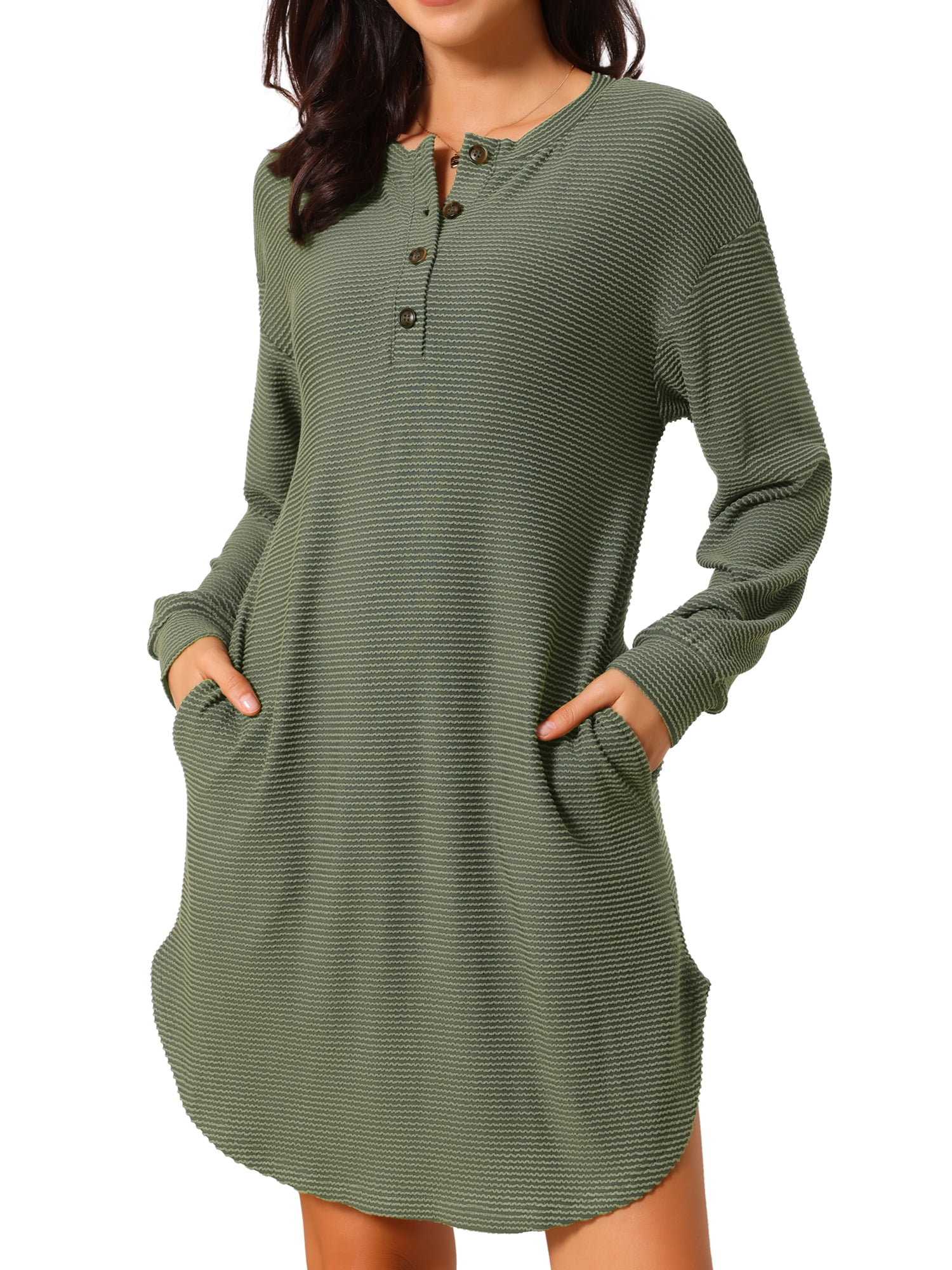 DARING DIVA Women's Long Sleeve Crewneck Striped Casual Midi Dress S Green