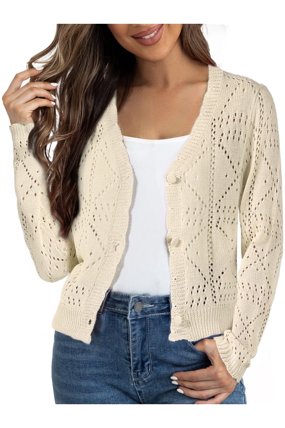 Women's Long Sleeve Cropped Knit Button Up Crochet Cardigan L Beige