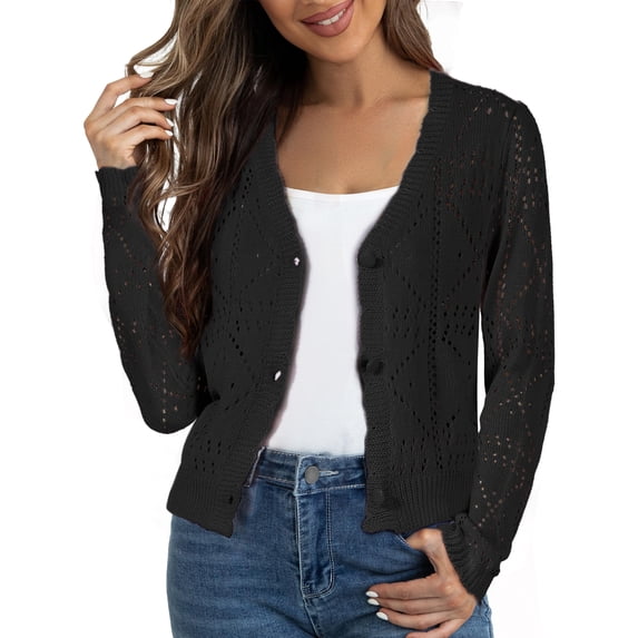 DARING DIVA Women's Long Sleeve Cropped Knit Button Up Crochet Cardigan L Black