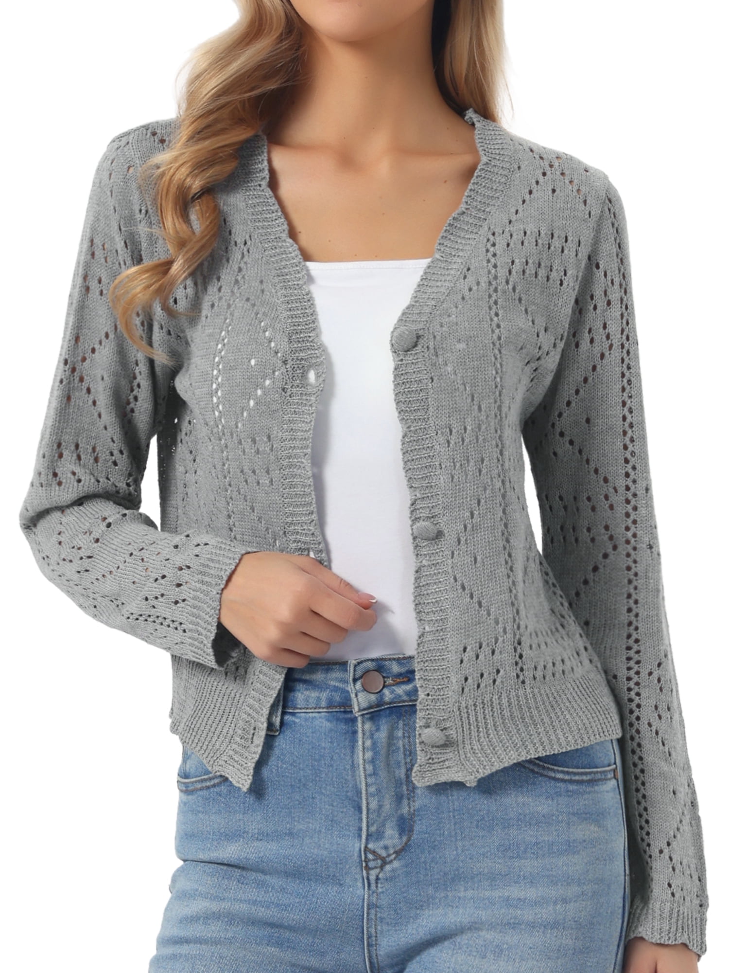 DARING DIVA Women's Long Sleeve Cropped Knit Button Up Crochet Cardigan L Gray