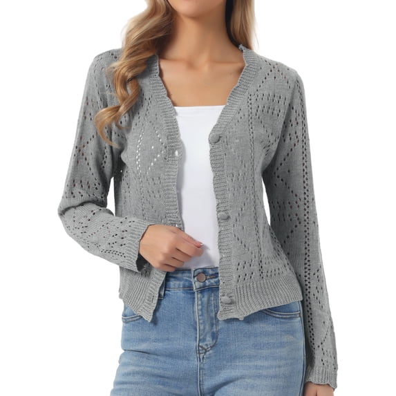 DARING DIVA Women's Long Sleeve Cropped Knit Button Up Crochet Cardigan L Gray