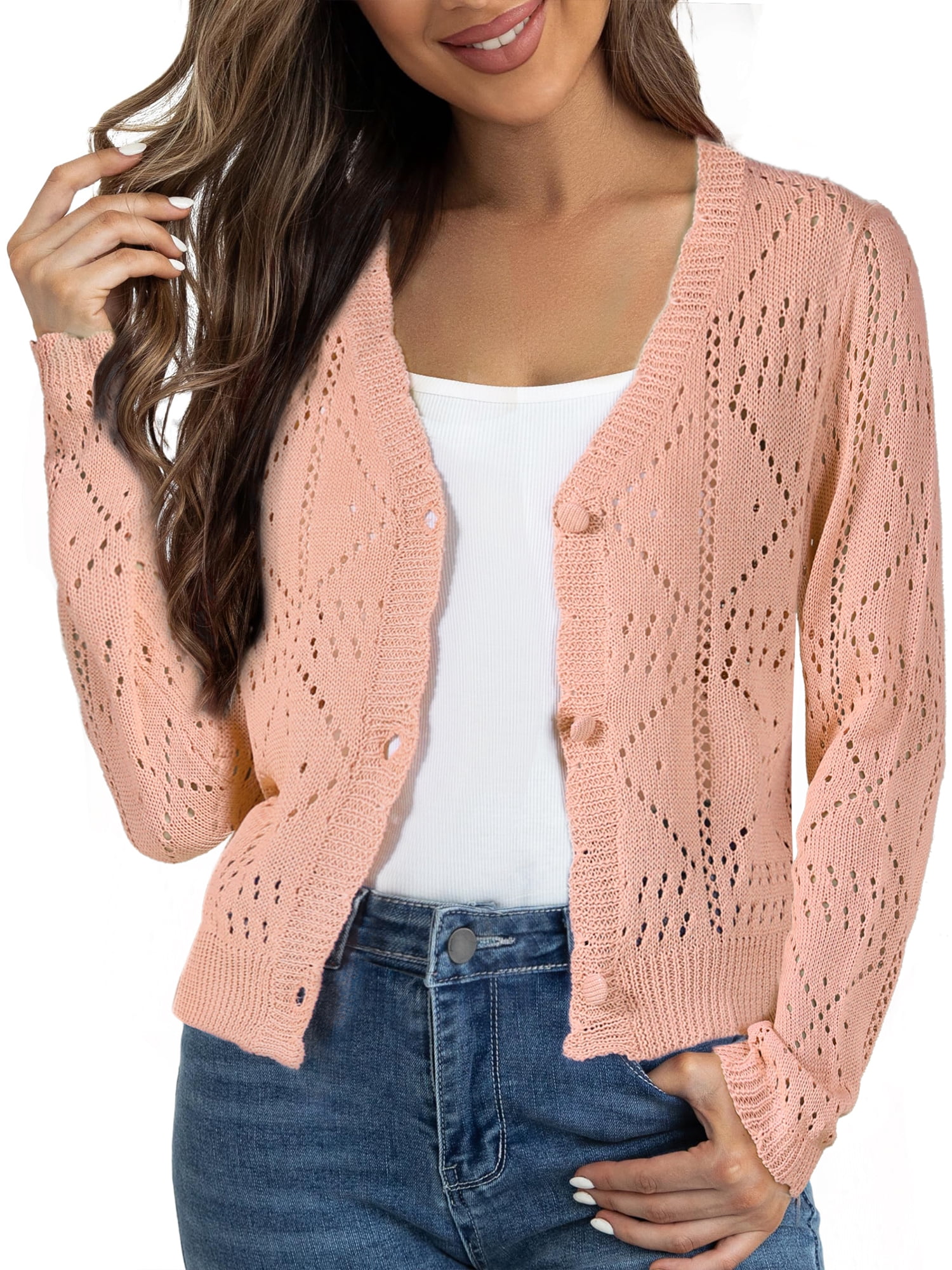 DARING DIVA Women's Long Sleeve Cropped Knit Button Up Crochet Cardigan L Peach Pink