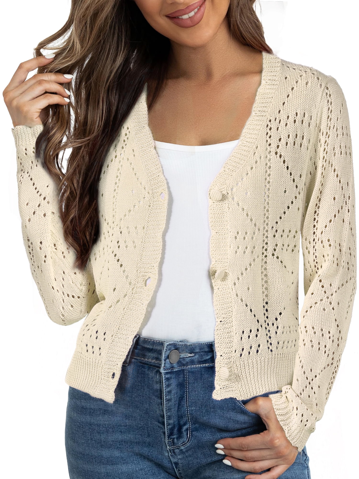 DARING DIVA Women's Long Sleeve Cropped Knit Button Up Crochet Cardigan S Beige