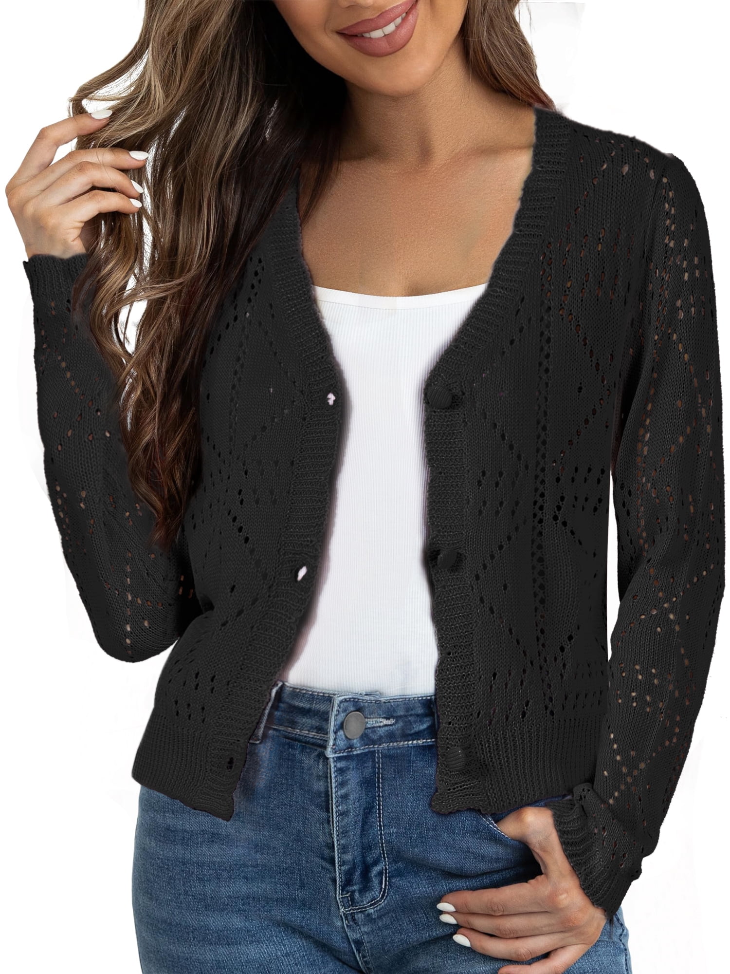 DARING DIVA Women's Long Sleeve Cropped Knit Button Up Crochet Cardigan S Black