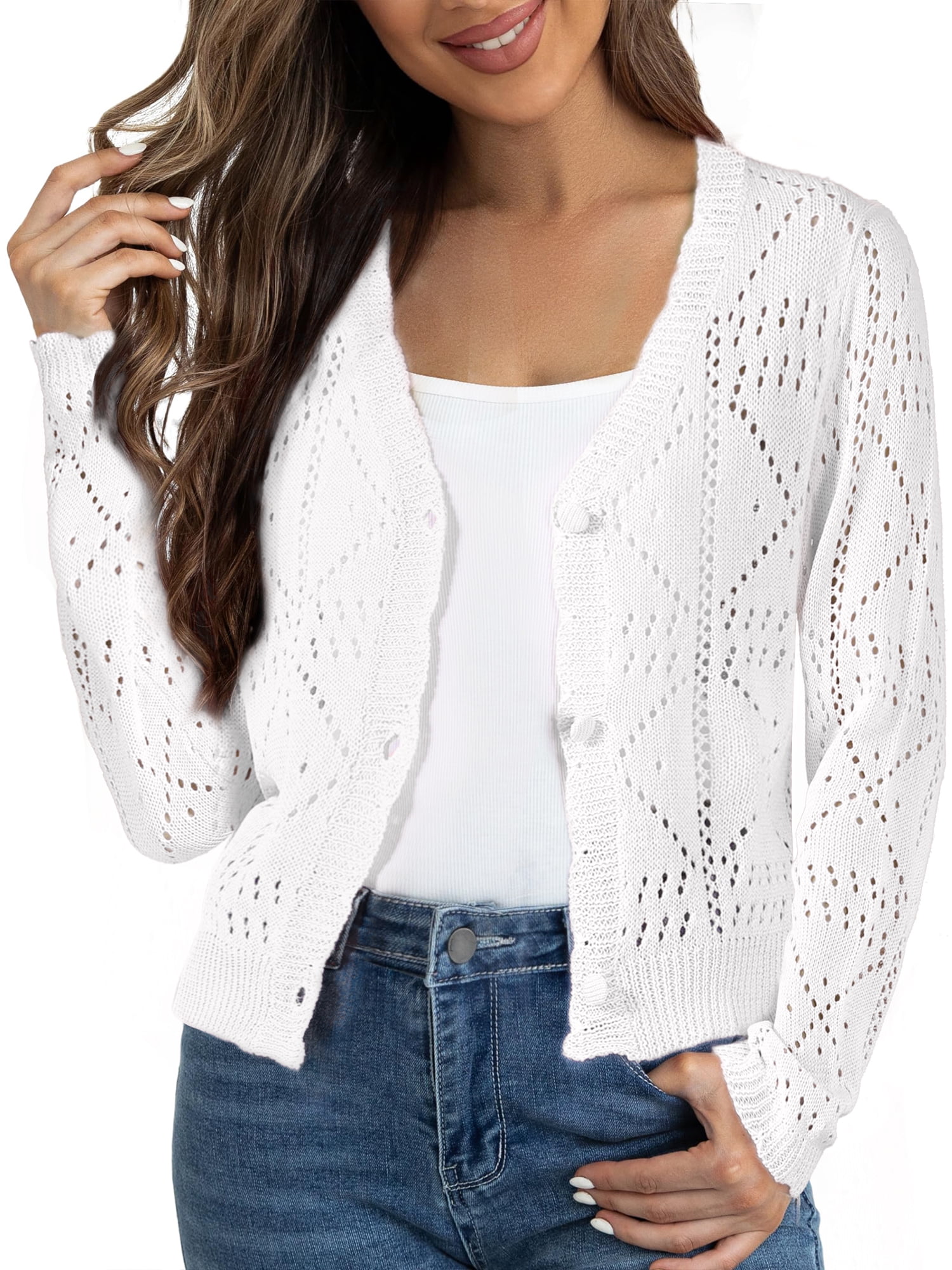 DARING DIVA Women's Long Sleeve Cropped Knit Button Up Crochet Cardigan S White