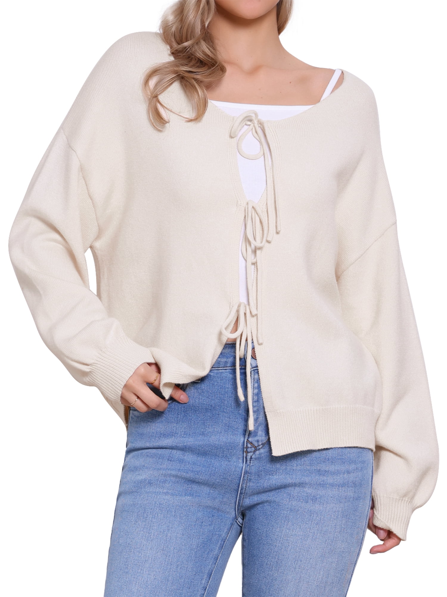 DARING DIVA Women's Long Sleeve Cute Knit Tie Front Cardigan Sweaters XL Beige