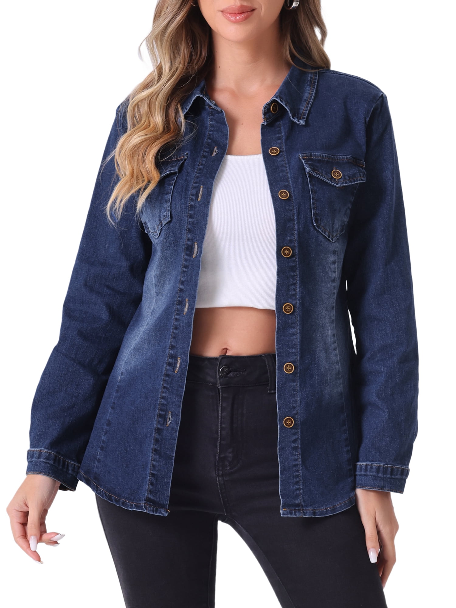 DARING DIVA Women's Long Sleeve Denim Jacket S Dark Blue