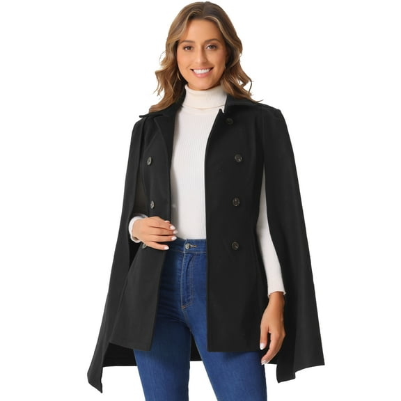 DARING DIVA Women's Long Sleeve Double Breasted Cape Coat Winter Jacket Black XS