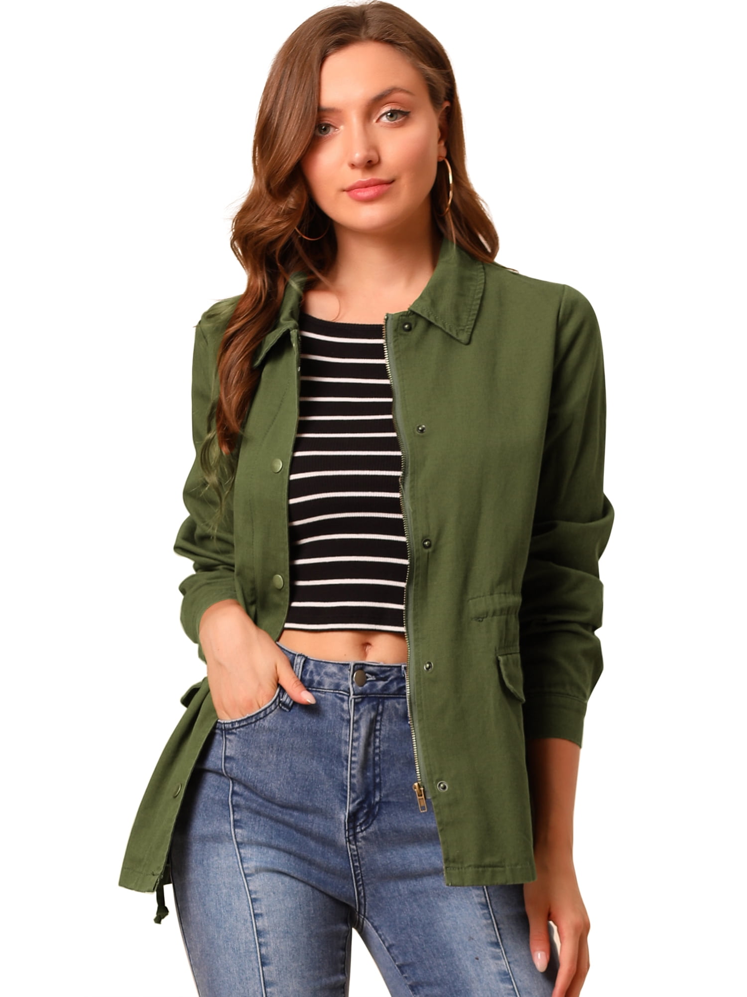 DARING DIVA Women's Long Sleeve Drawstring Waist Flap Pockets Jacket 2XL Olive Green