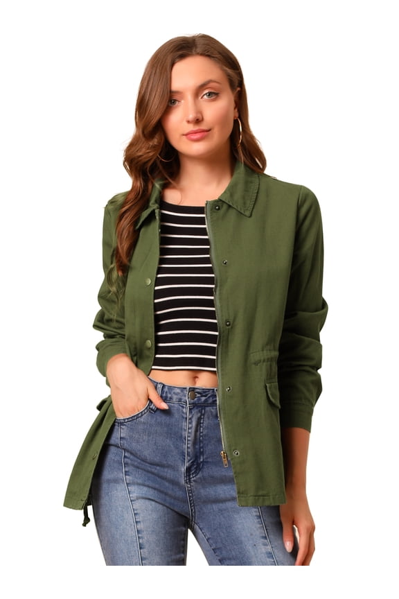 Women's Long Sleeve Drawstring Waist Flap Pockets Jacket 2XL Olive Green