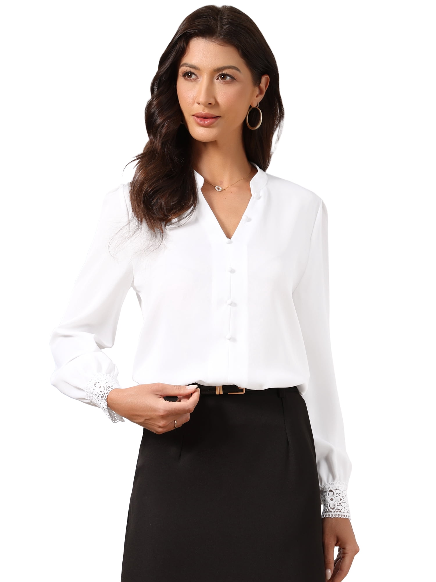 DARING DIVA Women's Long Sleeve Dressy Shirt Lace Cuff Office Slit Neck Blouse M White