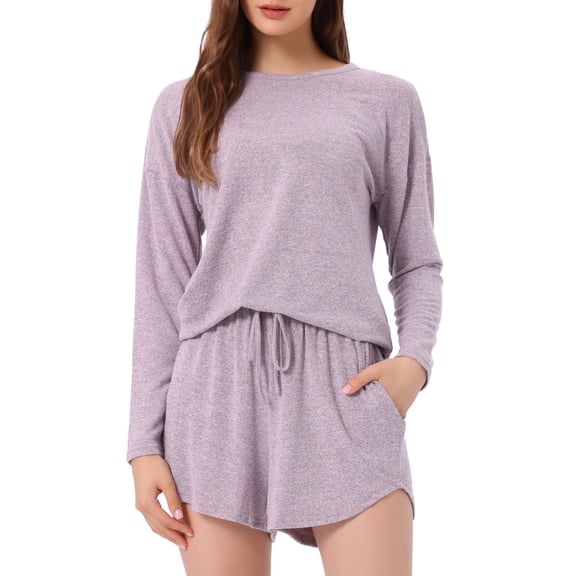 DARING DIVA Women's Long Sleeve Elastic Waistband Top and Shorts Lounge Set M Purple
