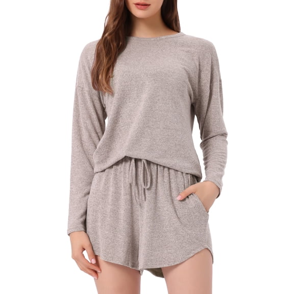 DARING DIVA Women's Long Sleeve Elastic Waistband Top and Shorts Lounge Set S Beige