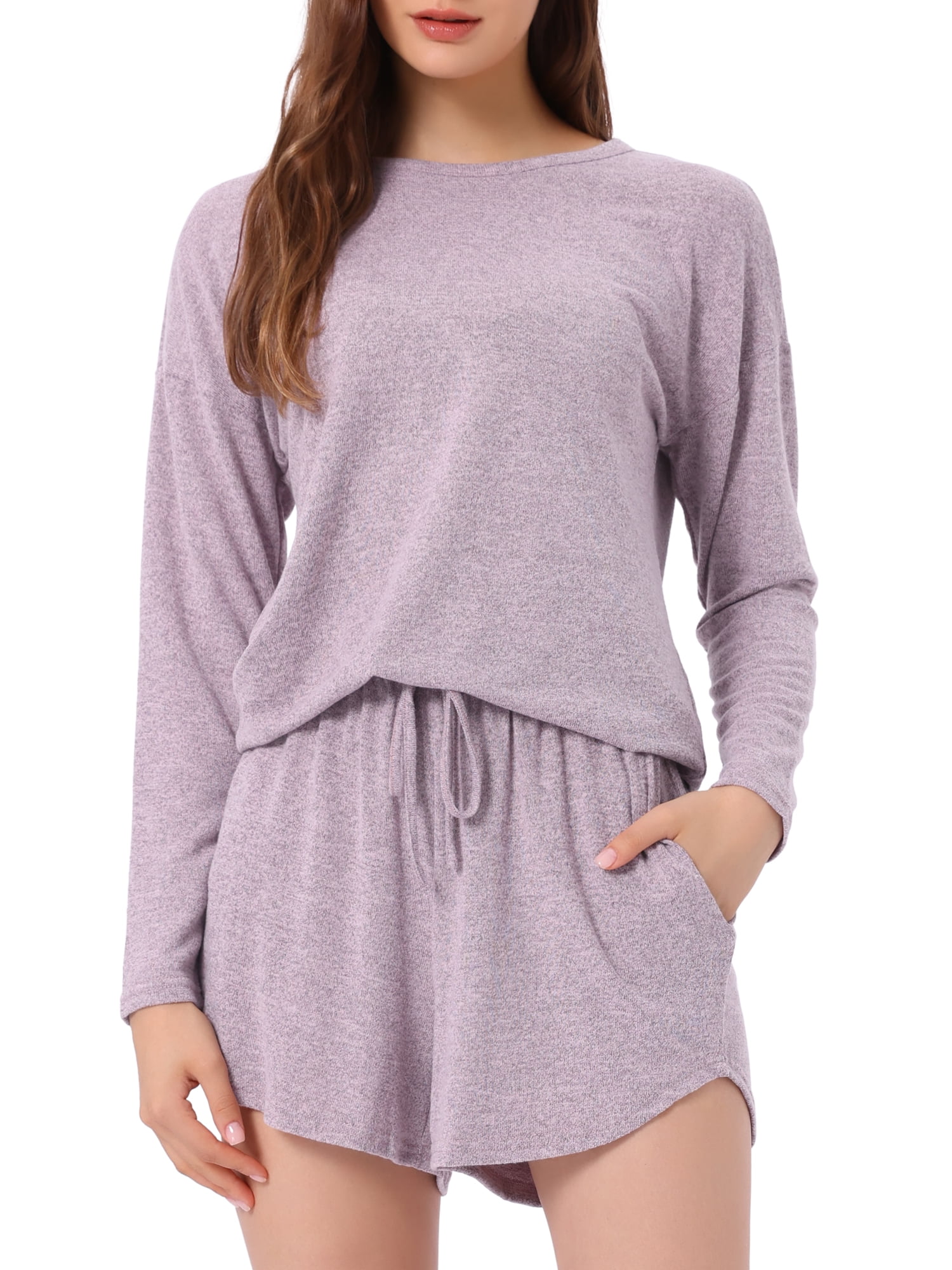 DARING DIVA Women's Long Sleeve Elastic Waistband Top and Shorts Set Loungewear XS Purple