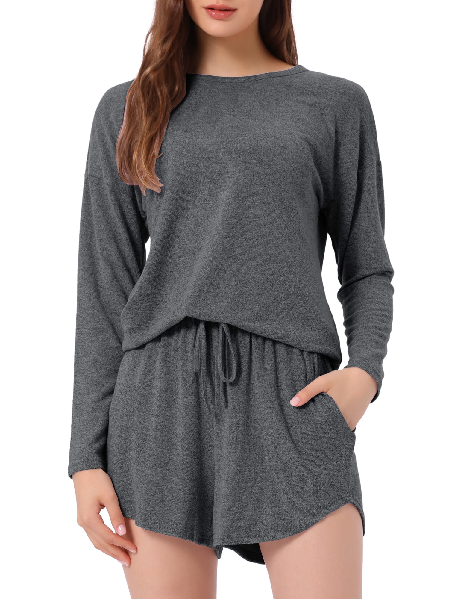 DARING DIVA Women's Long Sleeve Elastic Waistband Top and Shorts Loungewear M Dark Gray