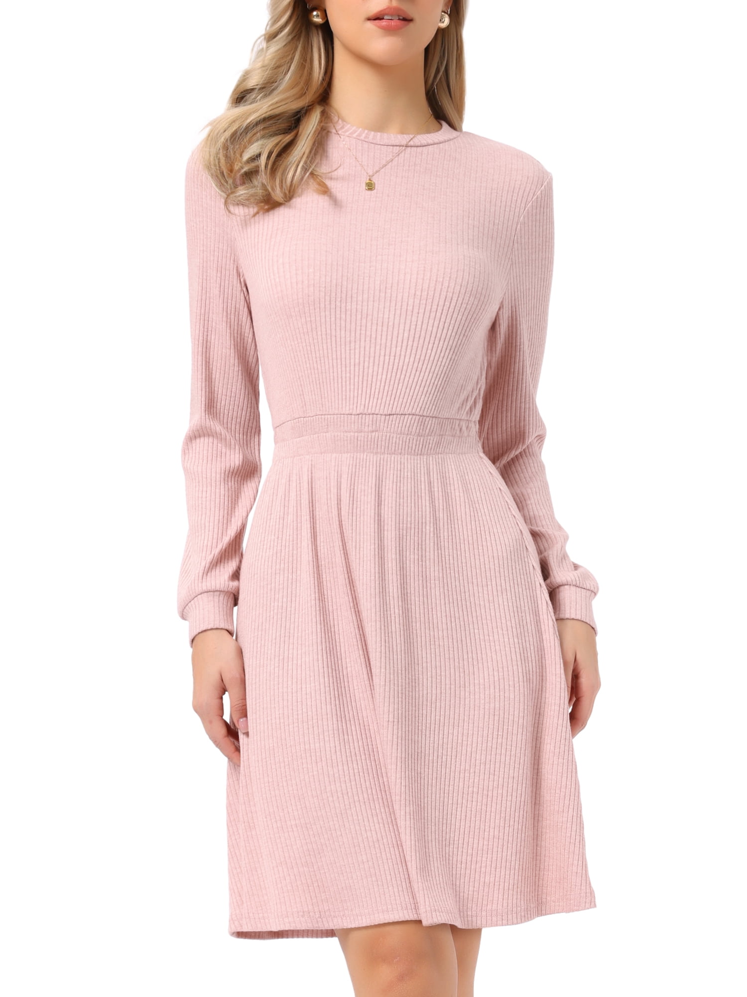 DARING DIVA Women's Long Sleeve Fall A-Line Ribbed Knit Crew Neck Dress M Pink