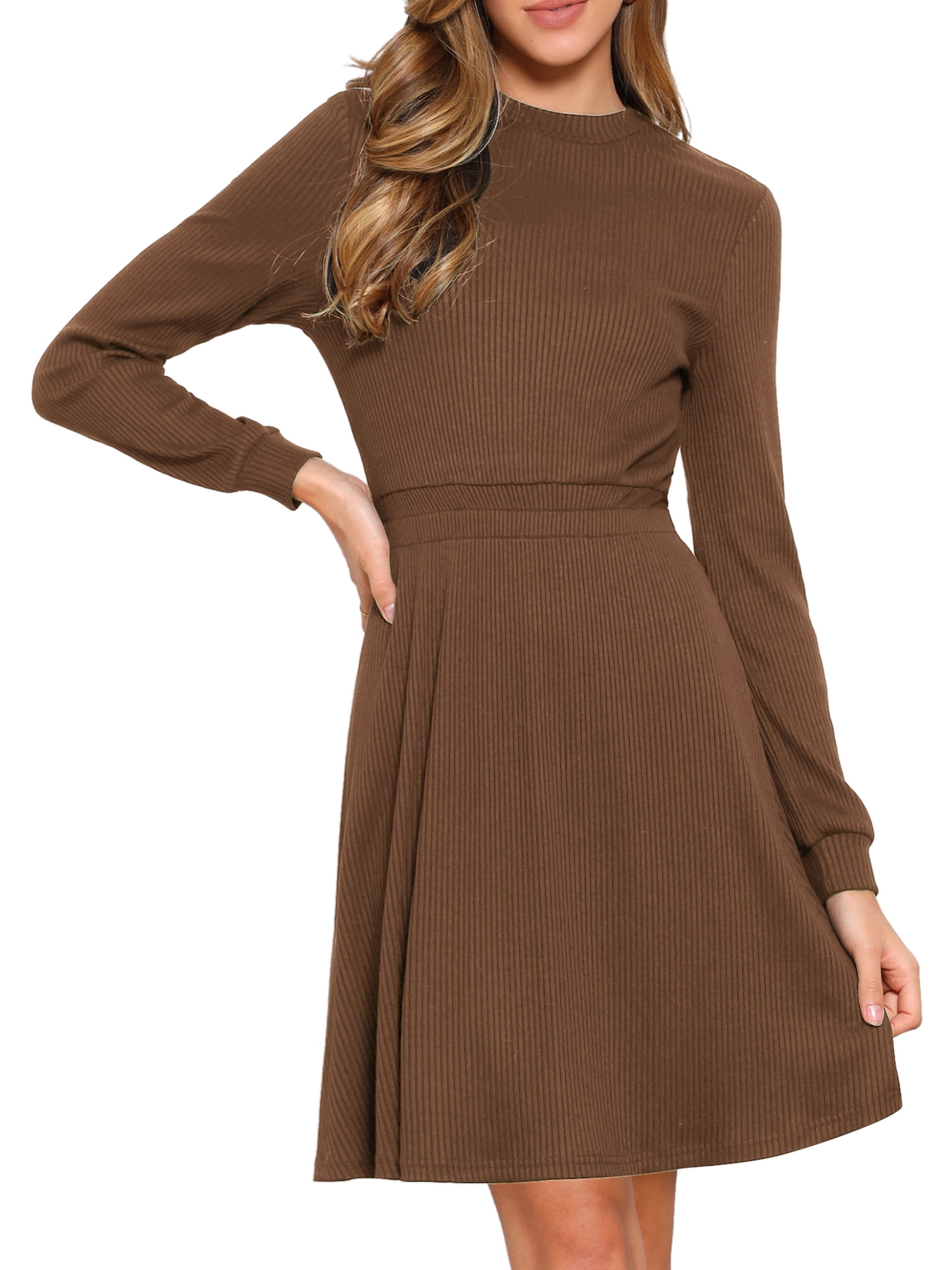 DARING DIVA Women's Long Sleeve Fall A-Line Ribbed Knit Crew Neck Dress S Brown