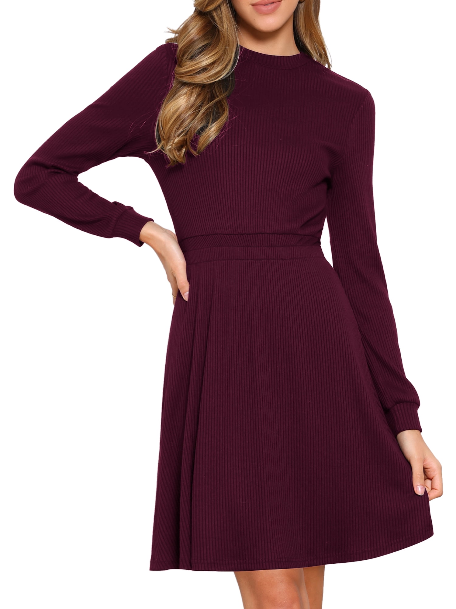 DARING DIVA Women's Long Sleeve Fall A-Line Ribbed Knit Crew Neck Dress XL Burgundy