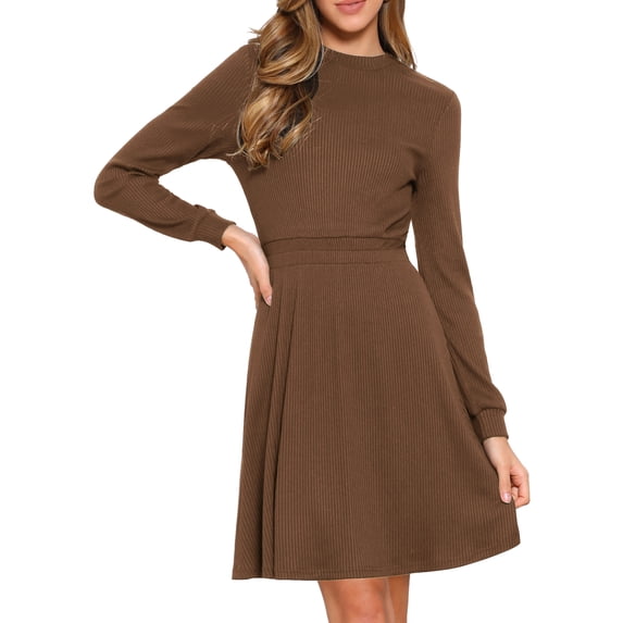 DARING DIVA Women's Long Sleeve Fall A-Line Ribbed Knit Crew Neck Dress XS Brown
